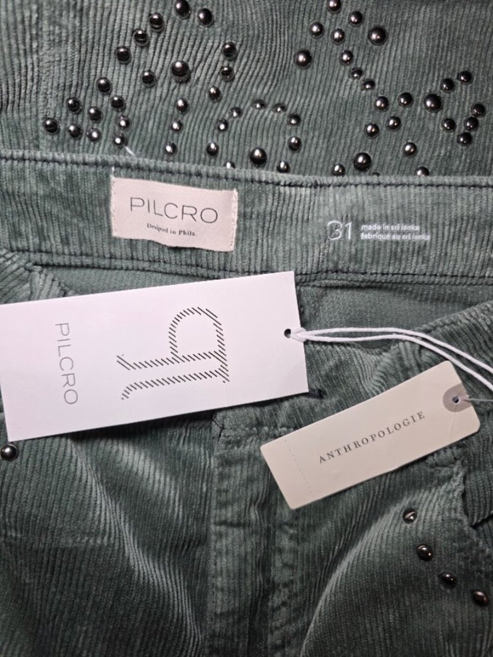 NWT Pilcro Essential Flare Mid-Rise Studded Corduroy Jeans in Moss 31 - Picture 8 of 10